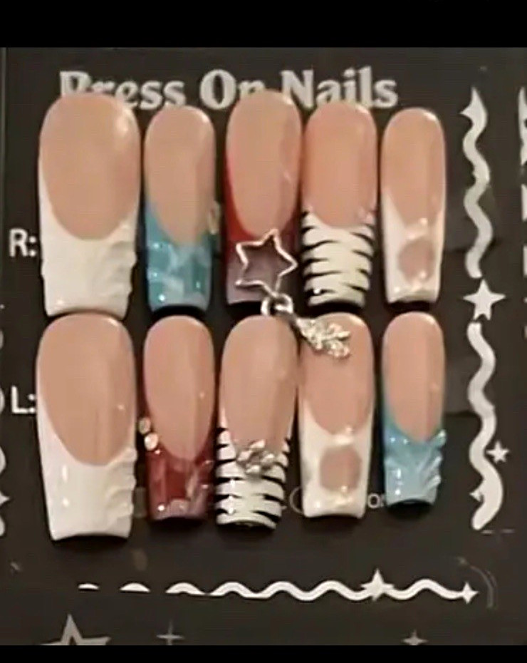 Long Square Full Cover Press-On Nails 3D Nude White Blue Red Black Stars