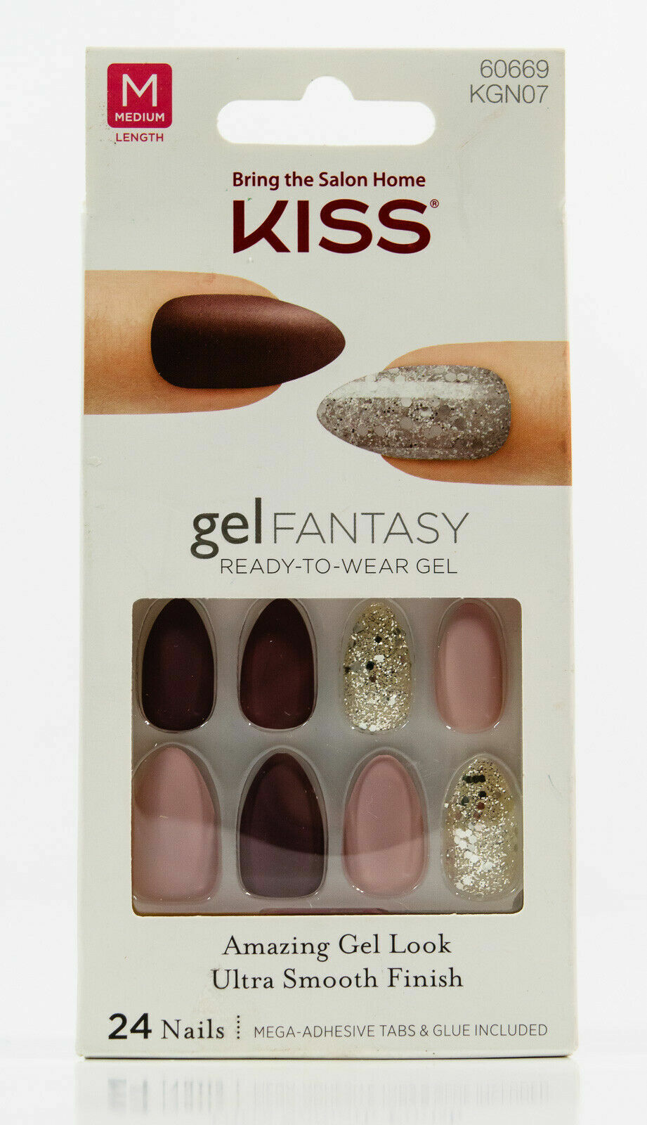 KISS GEL FANTASY NAILS – Matte Pink Mauve & Burgundy – GLUE ON MEDIUM ALMOND