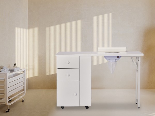 Foldable Nail Table with Dust Collector, Wheels & Multiple Drawers – White