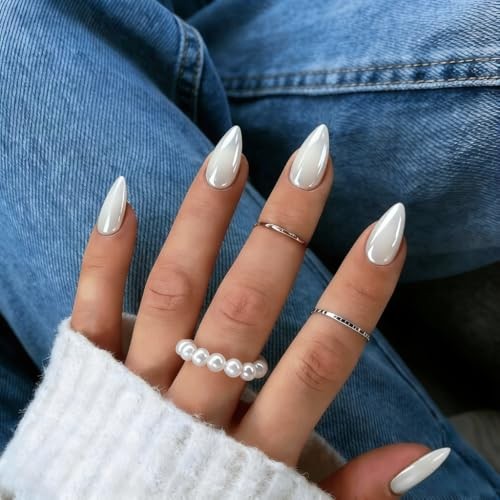 Chrome Press On Nails Short Almond, 30 Pcs Glazed Pearl White almond white