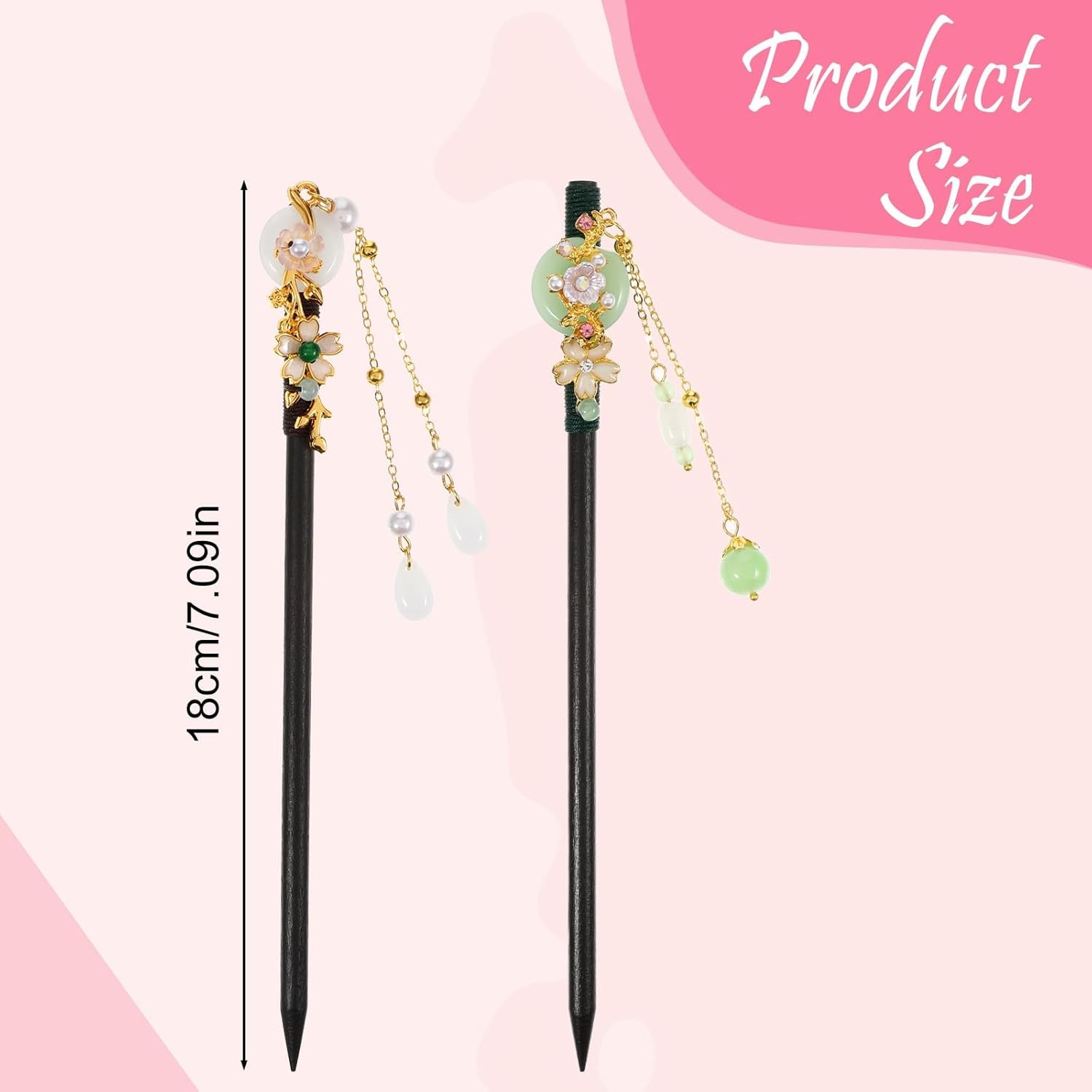 2 Pcs Japanese Chinese Hair Stick, Wood Flower Hairs black,green,gold