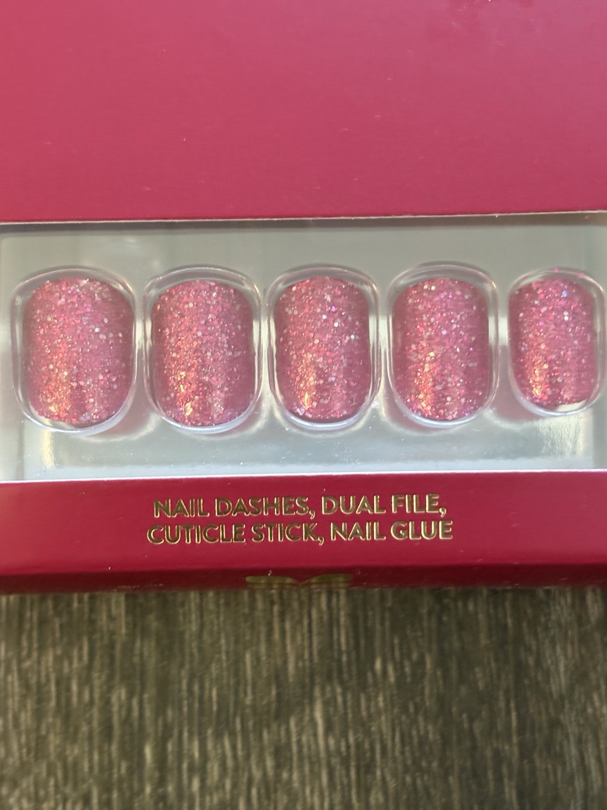 Lot of 2 NIB Red Aspen Nail Dashes Press On Nails Brown Leaf Design Pink Glitter