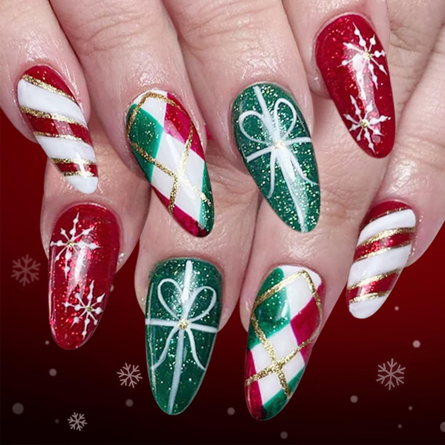 Christmas Press on Nails Medium Almond Snowflake Stripes Gift Knot Fake Nails…