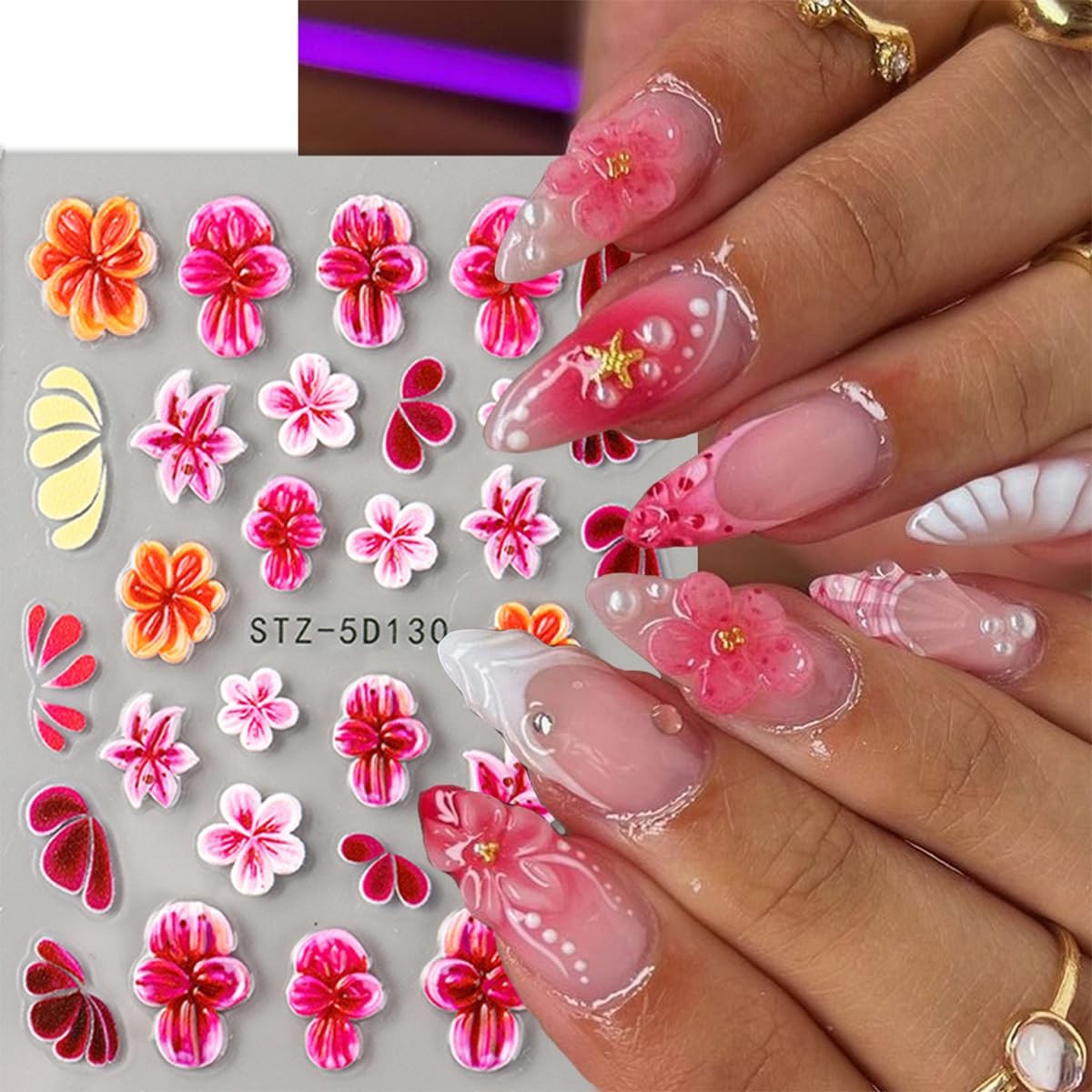 Flower Nail Stickers 3D Adhesive Nail Art Stickers 5D Embossed Nail Decals Re…