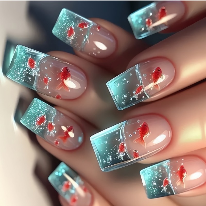 French Fake Nail Glossy Fish Design False Nail,Artificial Nail Glues on Nail