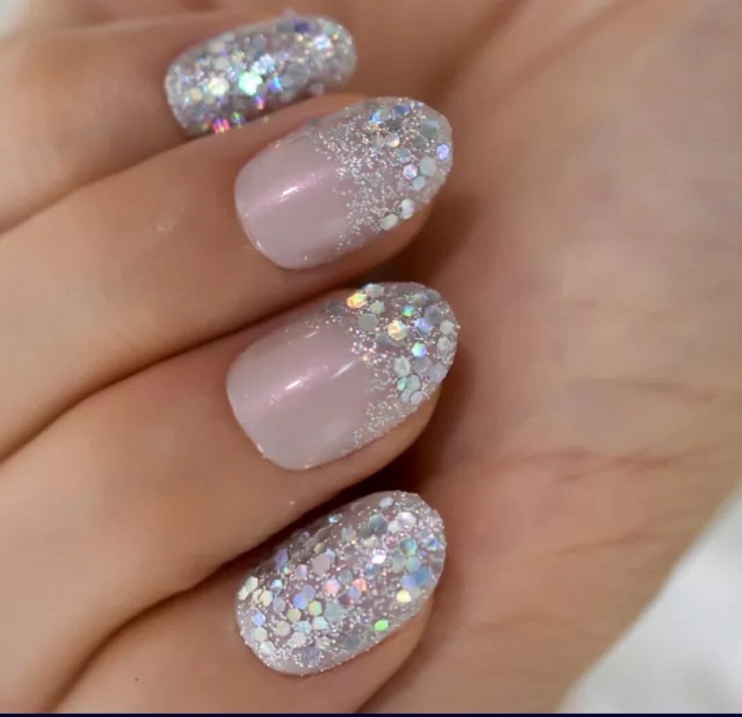 24 pink nude Short Press on nails Holographic glitter oval almond iridescent