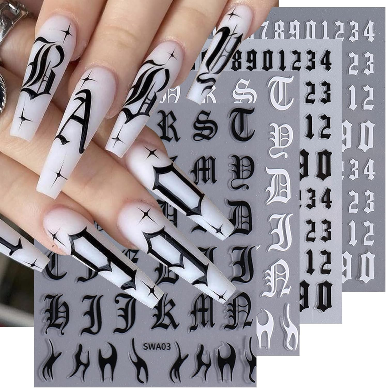 Letters Nail Art Stickers Decals 12 Sheets Alphabet Initial Nail Decals 3D Self-