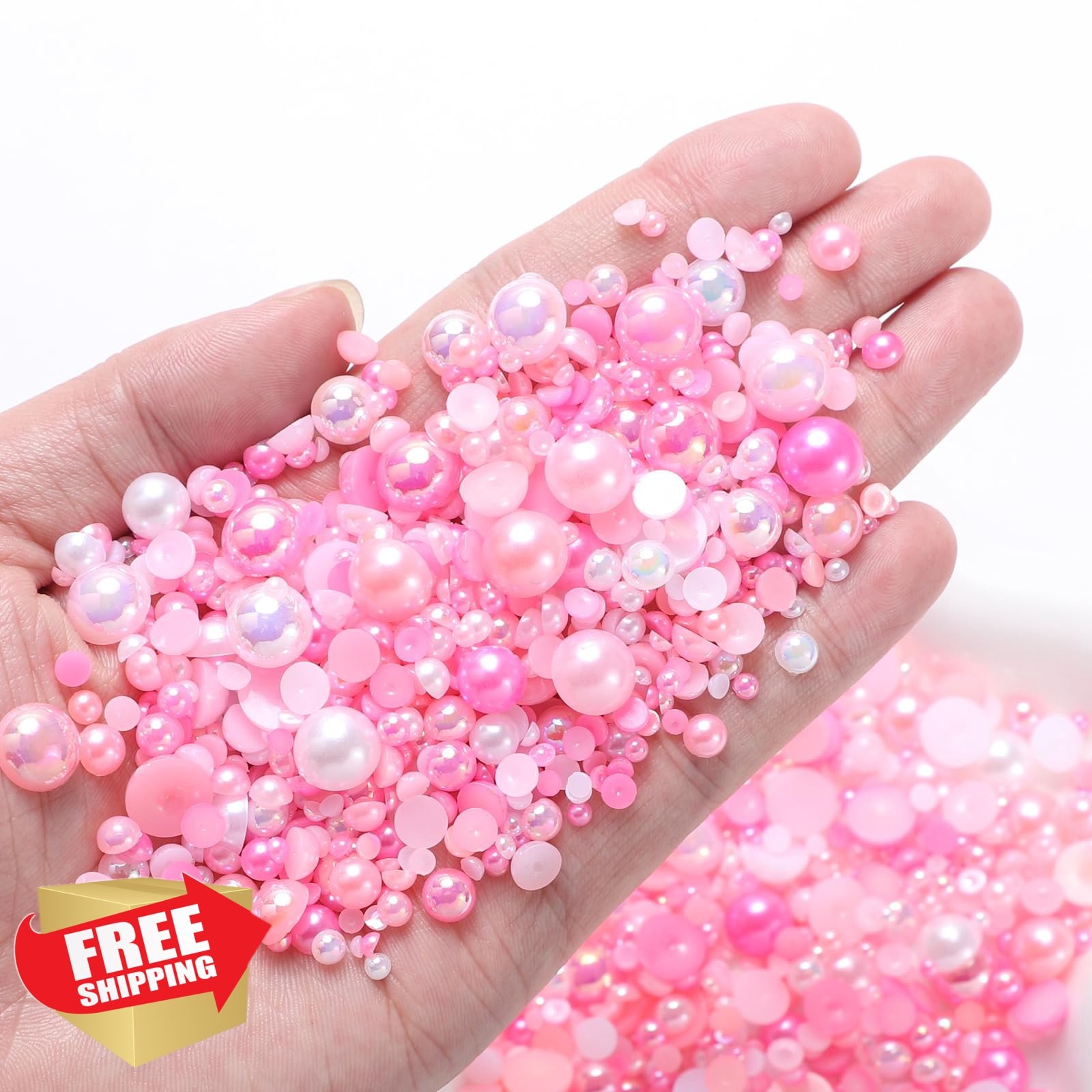 Flatback Pearls for Crafts, Mixed Pink White Nail Gems 3-10mm