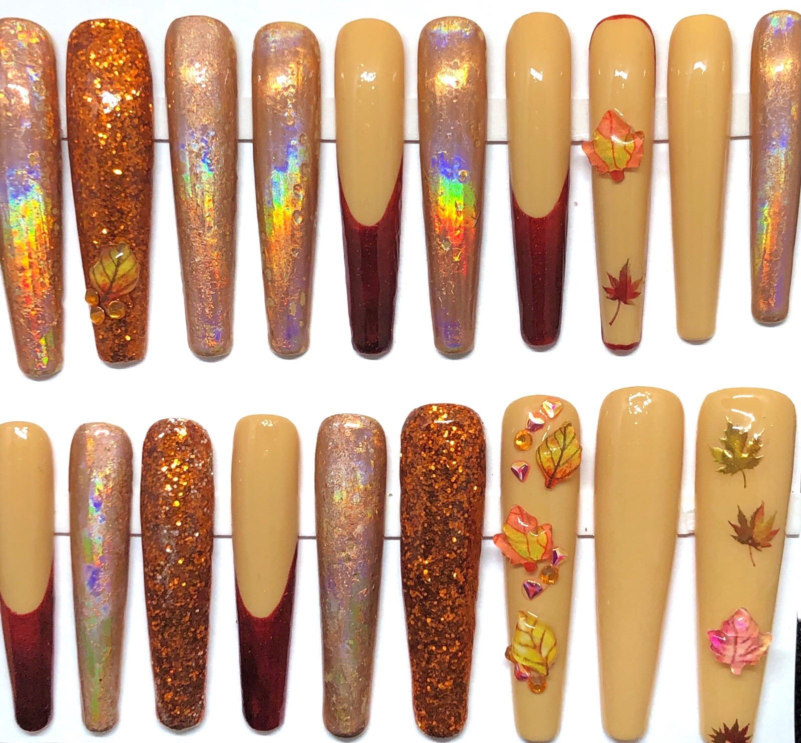 Handmade Custom Press On Nails 2XLong Coffin Fall Leaves Holograms Glitter Bling