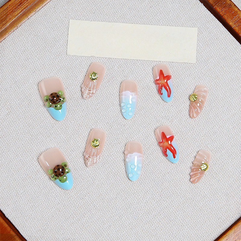 48Pcs-Long Almond Nude Blue Ocean Starfish Turtle Shell Press on Nails