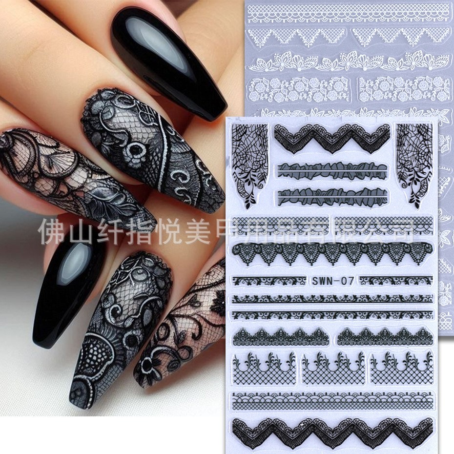 2Pcs Nail Stickers Black White Lace Self-Adhesive Slider Peel Off Decoration NH7