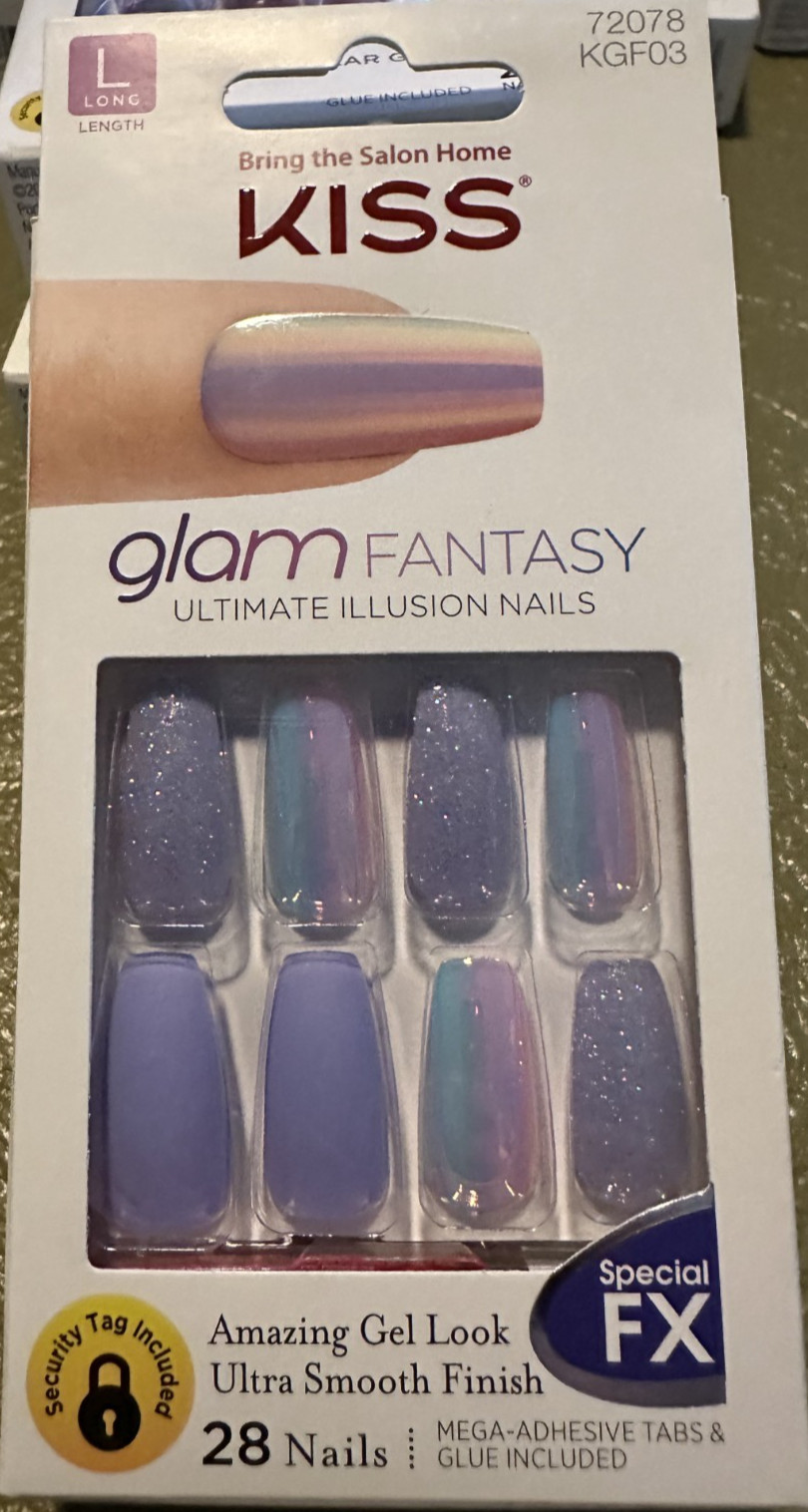 Kiss Nails Glue Long Glam Fantasy Manicure Square Purple Matte Holo Glitter