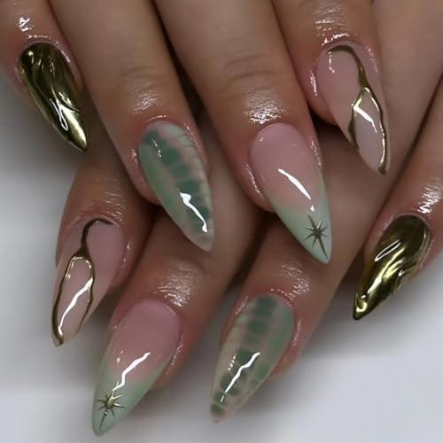 Green Almond Press on Nails Short Medium French Tip Ombre Green and Gold Leaf