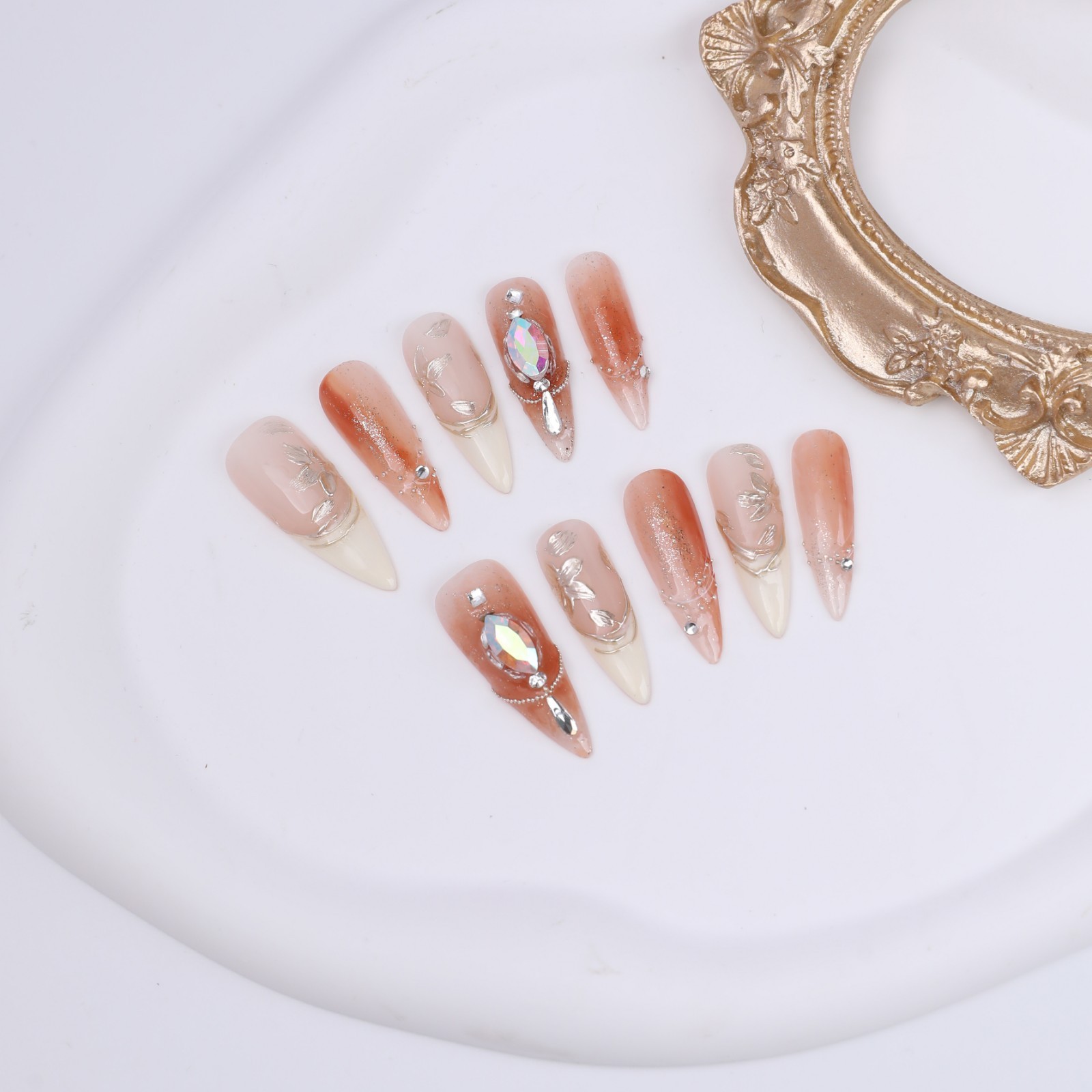 Honey Tea Pink Brown Ombre Press On Nails Medium Stiletto Gold Foil Rhinestone