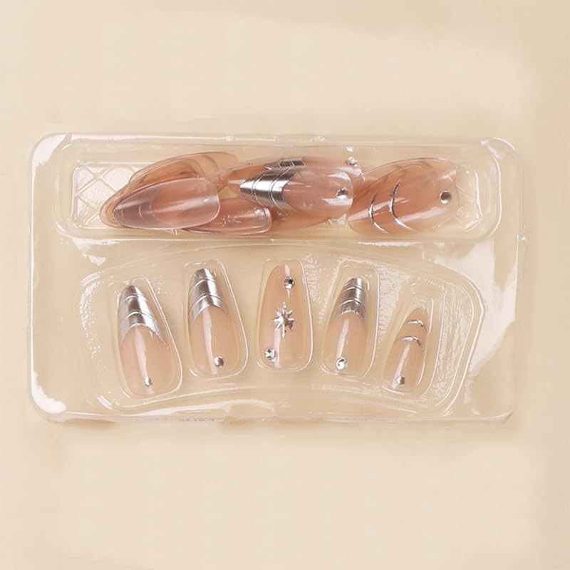 Almond Press on Nails Medium Fake Nails Sliver French Tip Glue ons Star Y2k G…