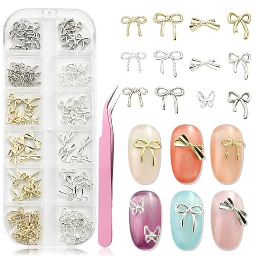 80Pcs 3D Metal Bow Nail Charms, 3D Bowknot for Nails, Cute Silver & Gold Alloy