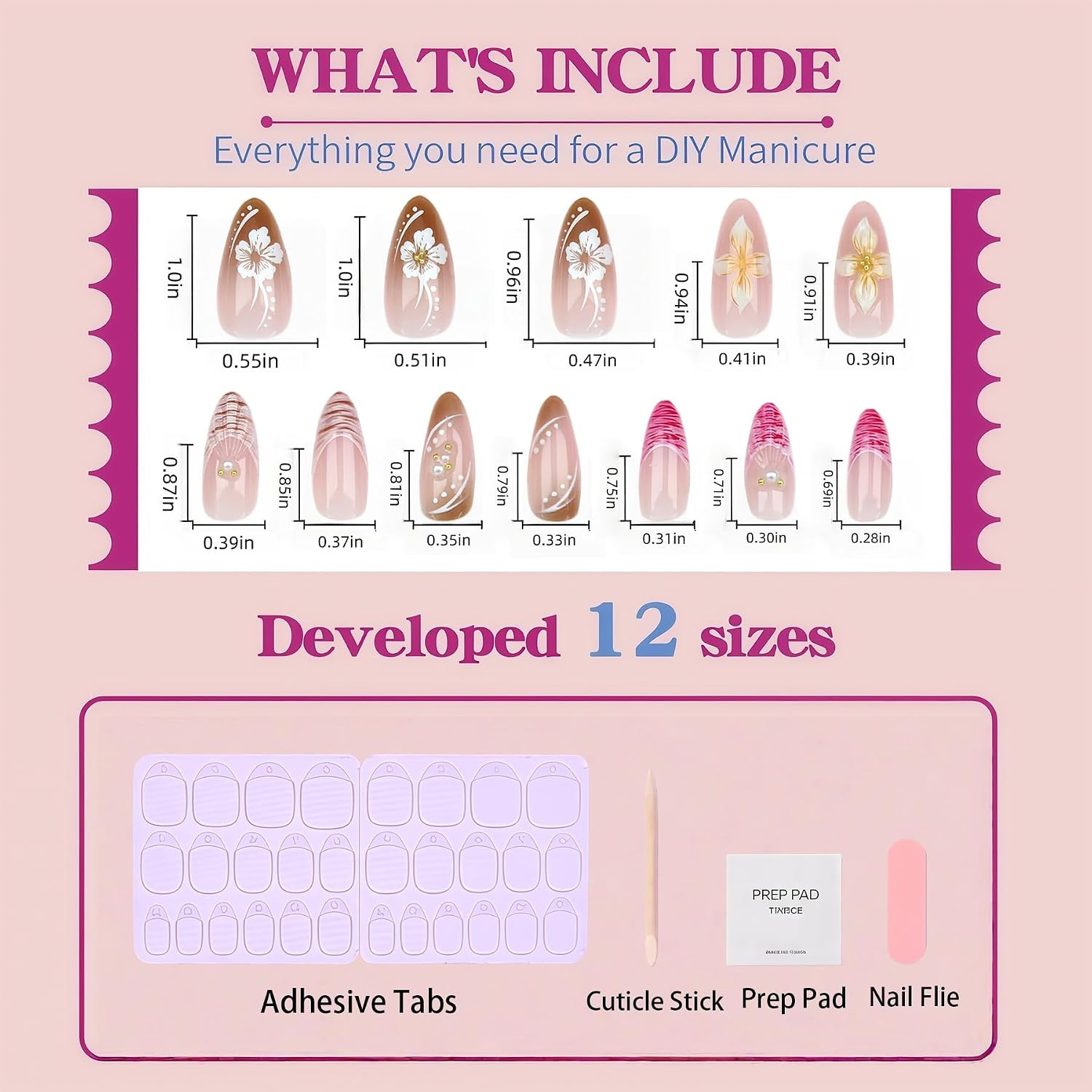 24Pcs Flower Press on Nails Medium Almond Fake Nails with 3D Flower Gold Beads P