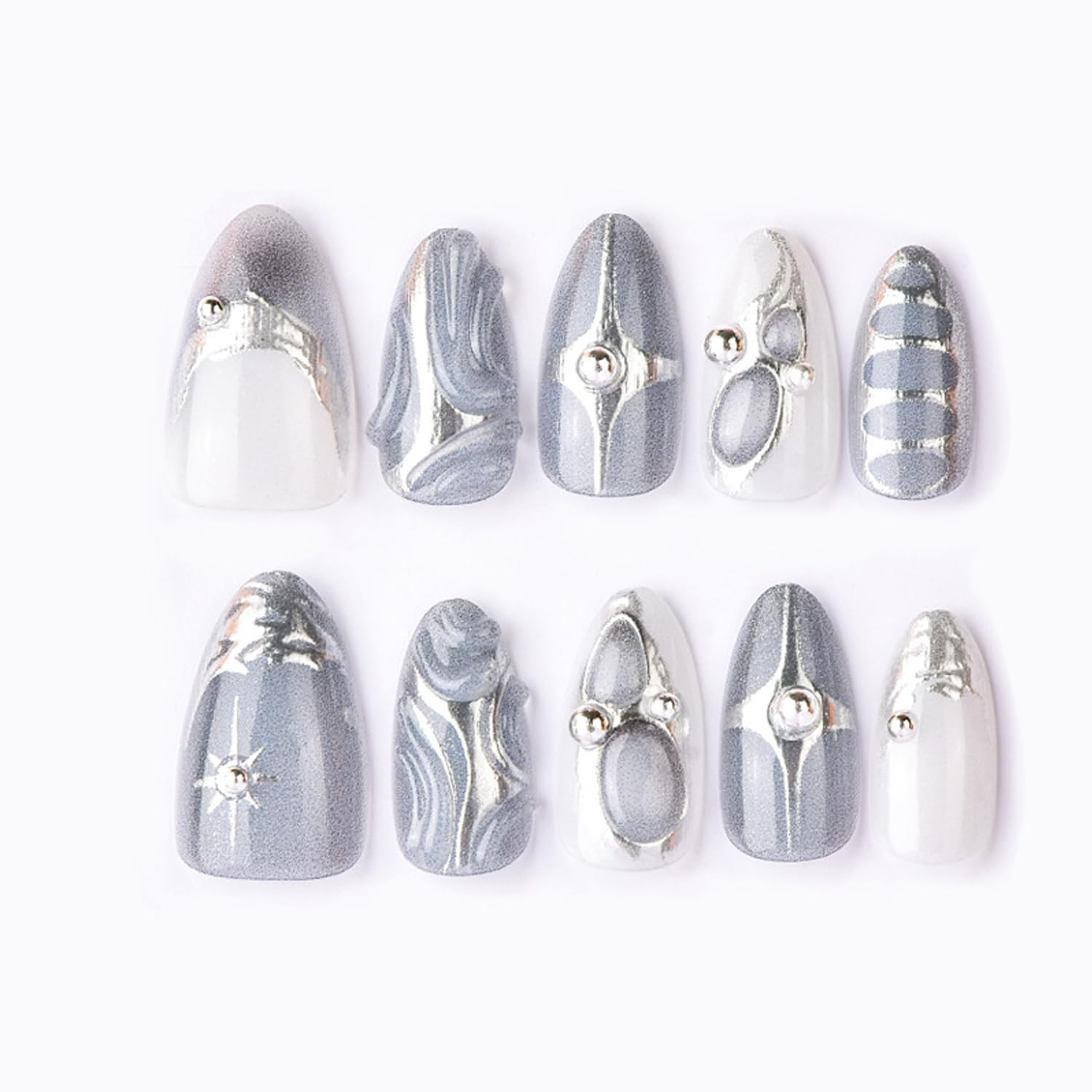 30Pcs Silver French Tip Press on Nails Medium Almond Fake Colorful -12
