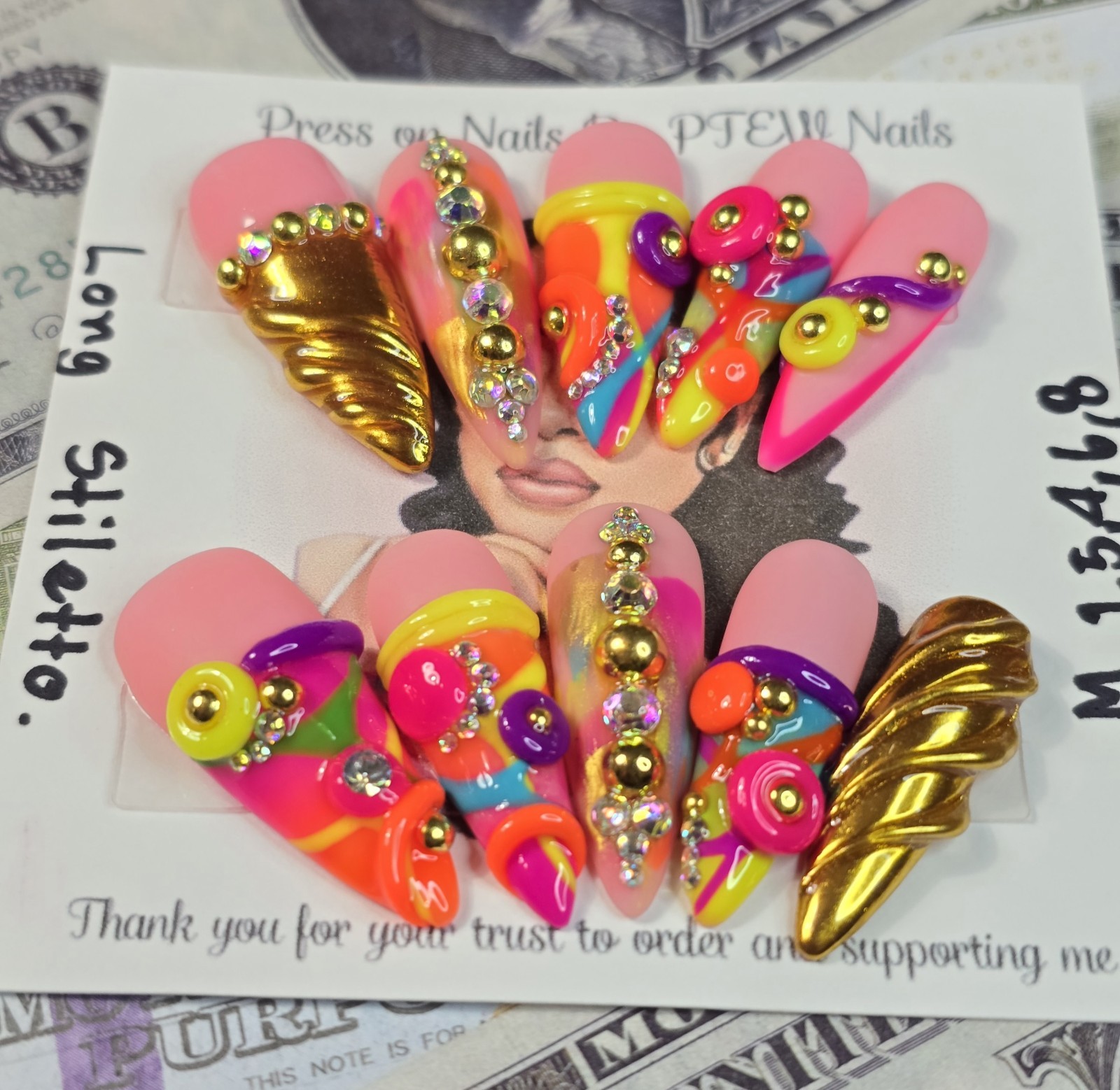 Handmade Press On Nails, Colorful Nails,Medium Size 1,5,4,6,8 Long Stiletto