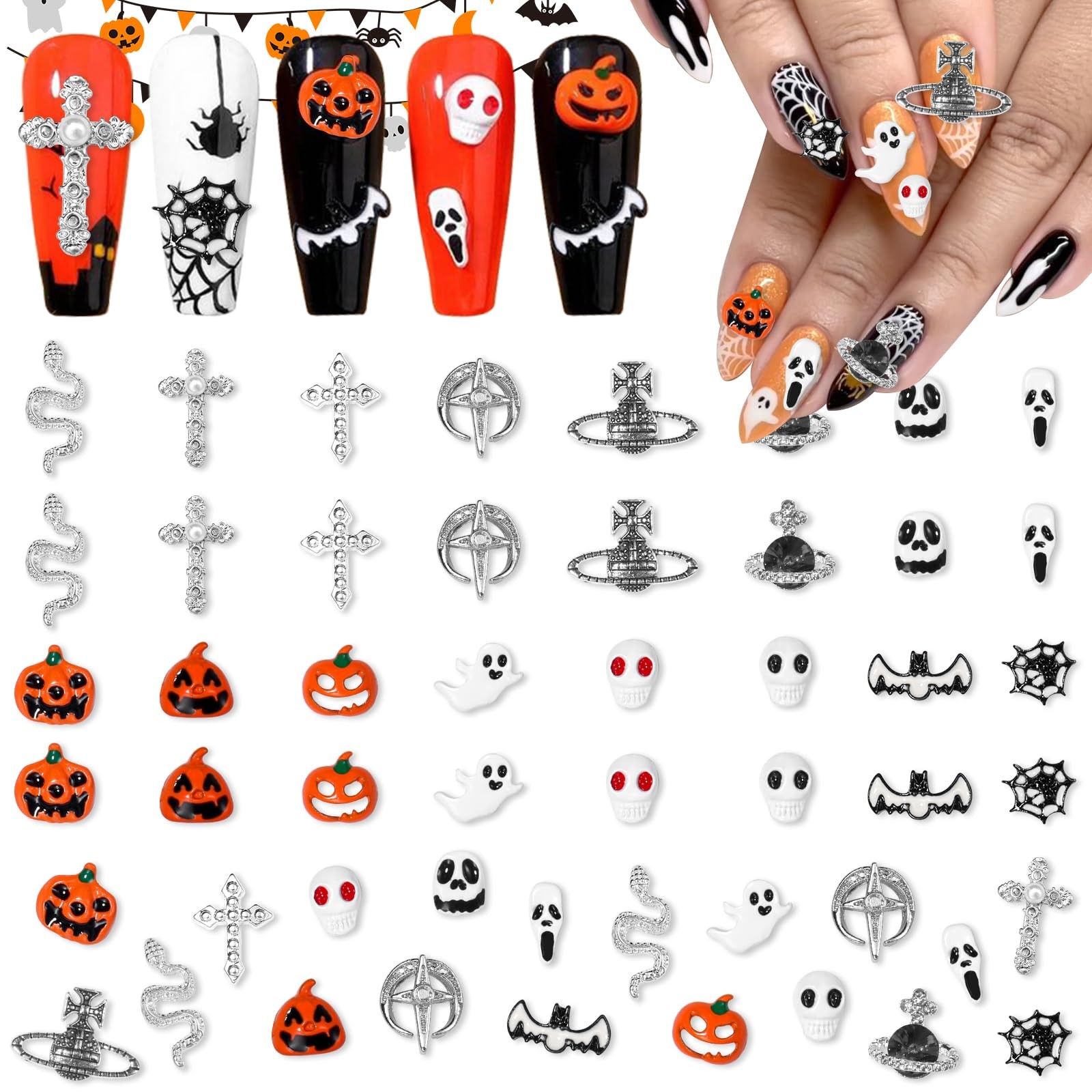 32 Pcs Halloween Nail Charms, 16 Styles Halloween Nail Art Charms Skull Pumpk…