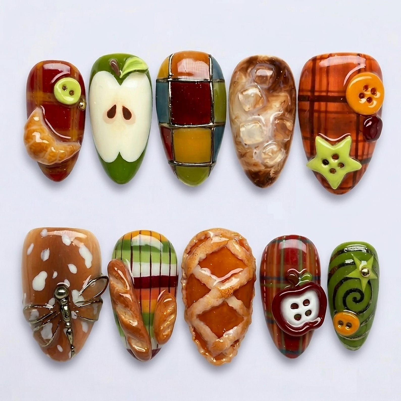 Dessert Handmade Press on Nails Apple Plaid Button Cartoon Gloss Fake Nails