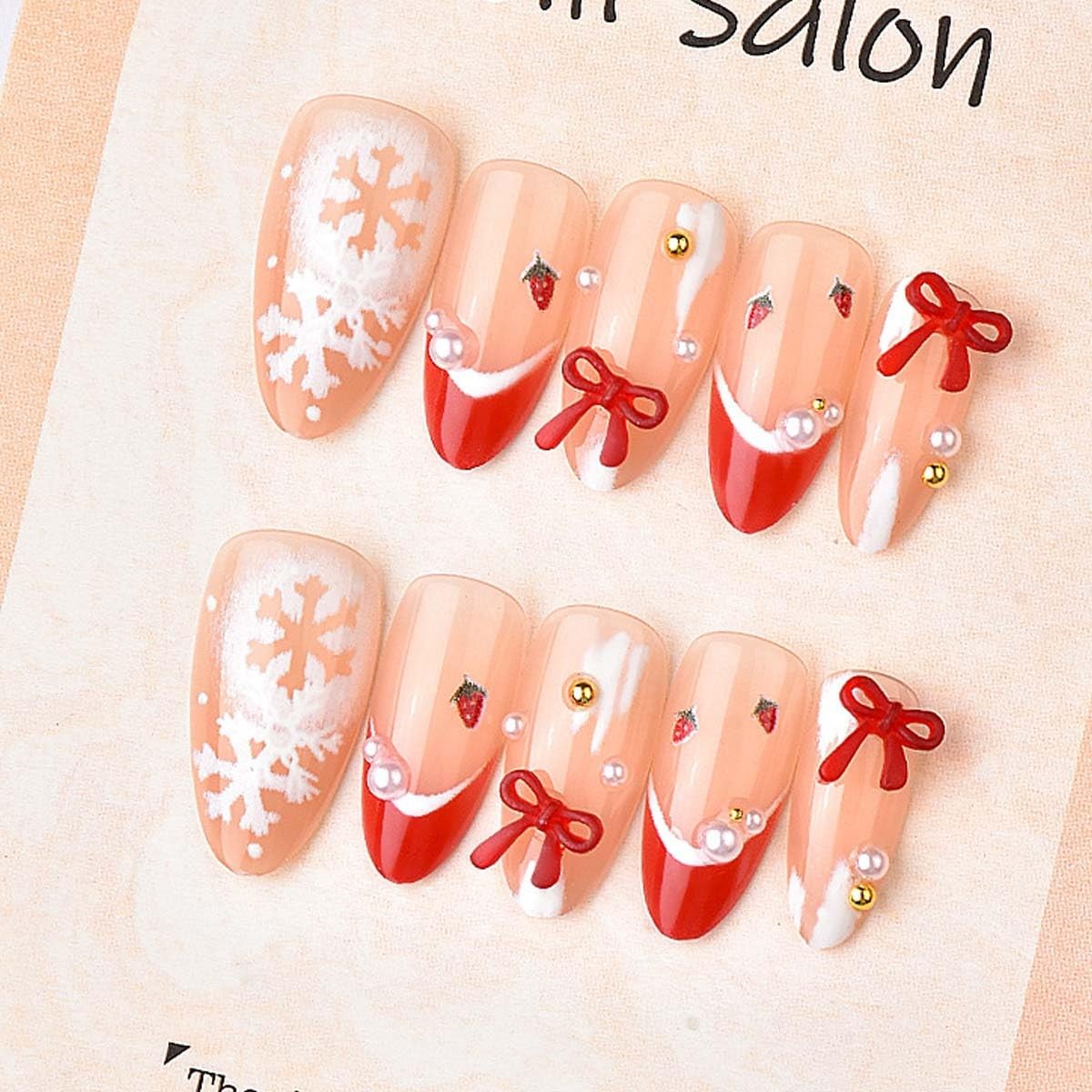 24Pcs Christmas French Tip Press on Nails Short Almon Snowflake Fake Nails Re…