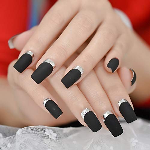 Matte Black Silver Metallic French Press On Nails Medium Length Square False