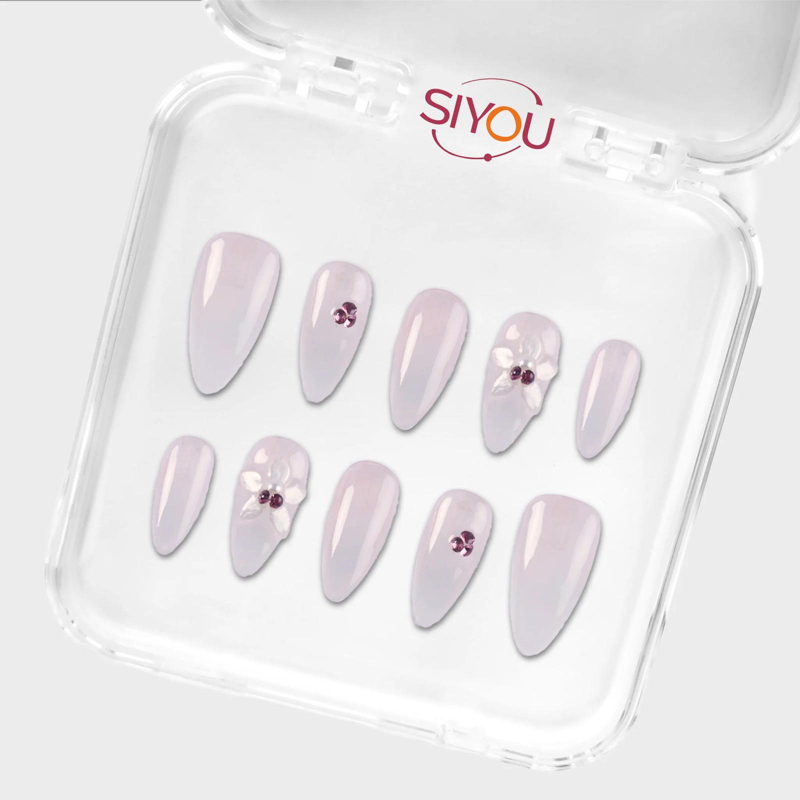 SIYOU Pearl Glaze Long Almond Pink Floral Glazed Press-On Nails 10pc