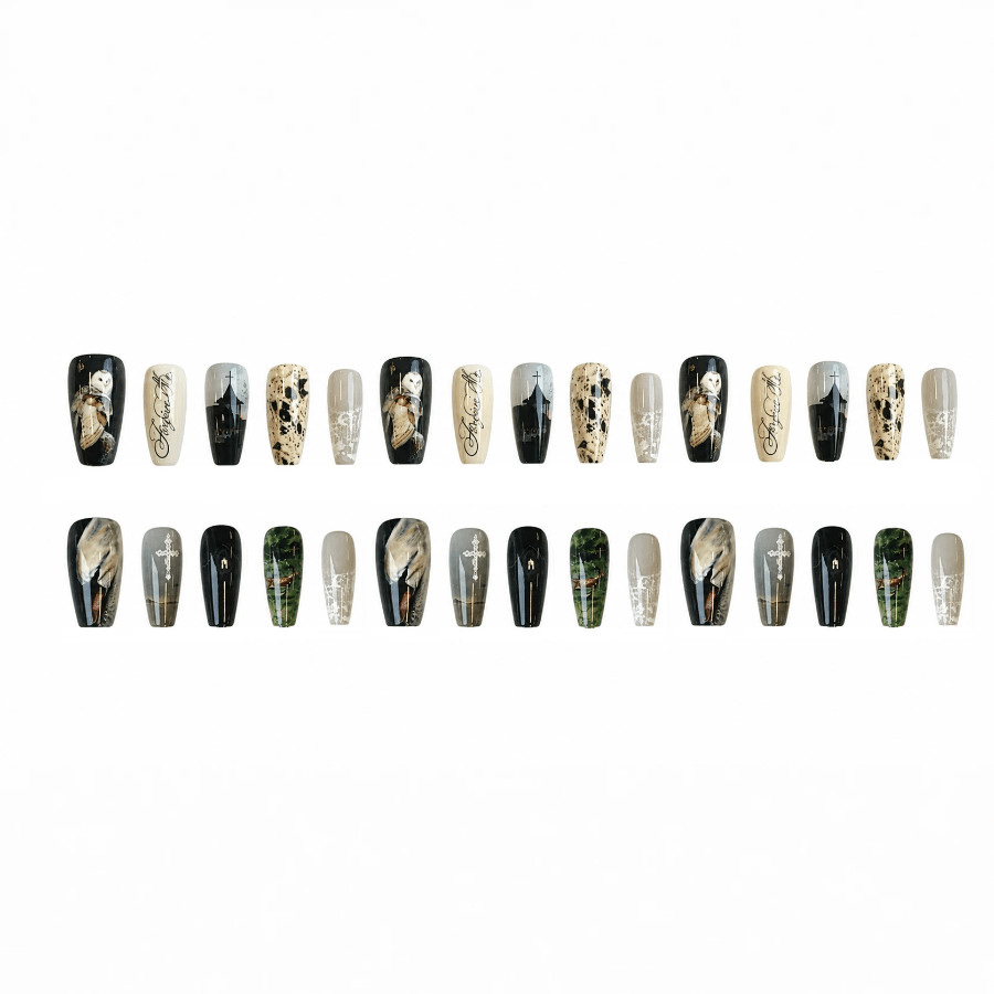 48pcs Long Taper Press on Nails, Dark Church Owl Cross Gothic Vintage Nails