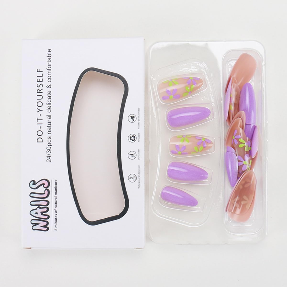 24Pcs Purple Flower Press on Nails Almond Medium Fake Nails Floral Glue on Nails