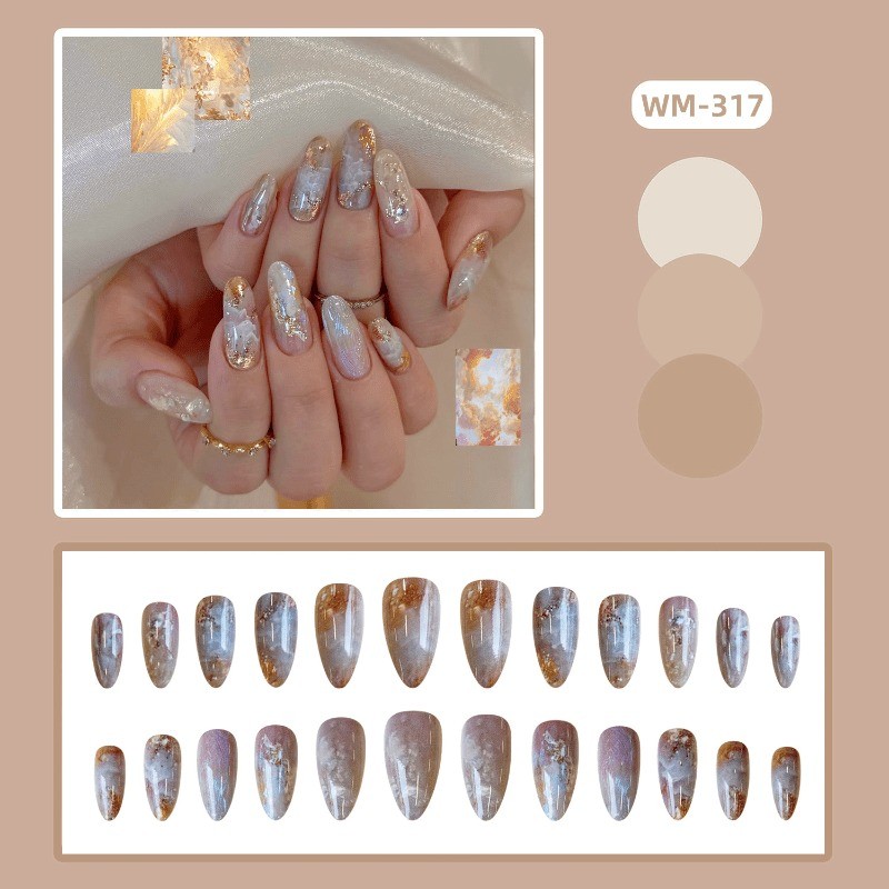 48 Pieces of Gold-plated Marble Transparent Fake Nails – Removable Nail Art