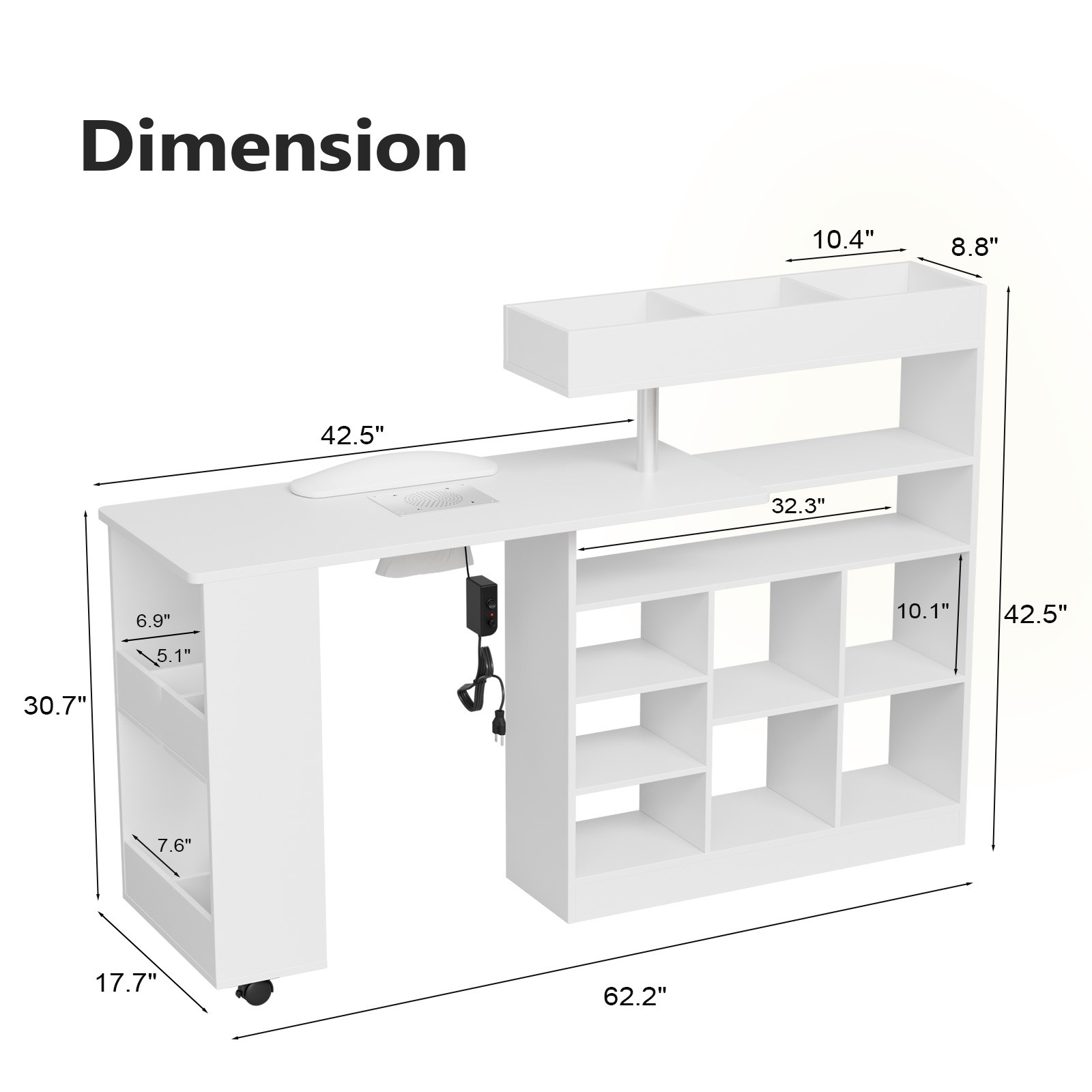 L Shaped Manicure Table with Wrist Rest & 180° Swivel Desktop and Dust Collector