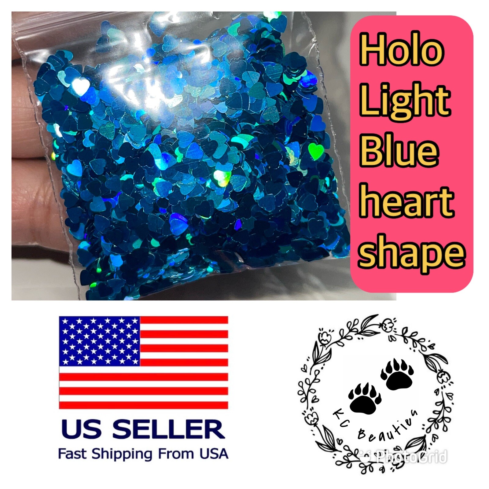 Holographic Light Blue Heart Glitter Nails Festivals Craft Tumbler Epoxy 1 TBSP