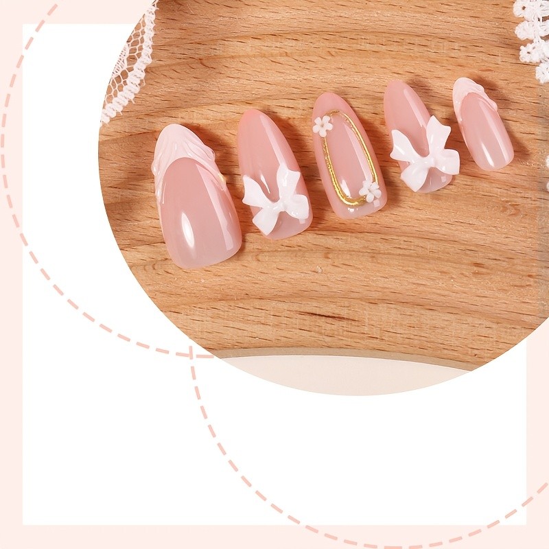 30Pcs-Long Almond Nude White Wavy French Gold Line 3D Bow Flower Press on Nails