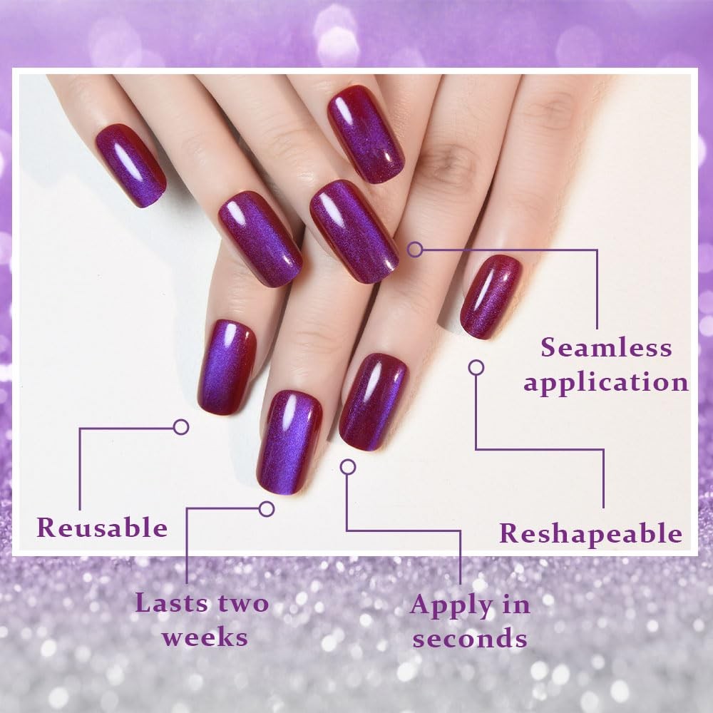 Purple Red Reflective Blue Press On Nails – Cat Eye Medium Square Magnetic Ac…
