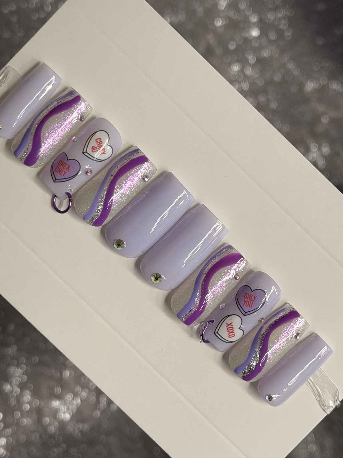 💜💎 CUSTOM Press On Nails PURPLE Heart BLING Rhinestones 10p SET W Kit