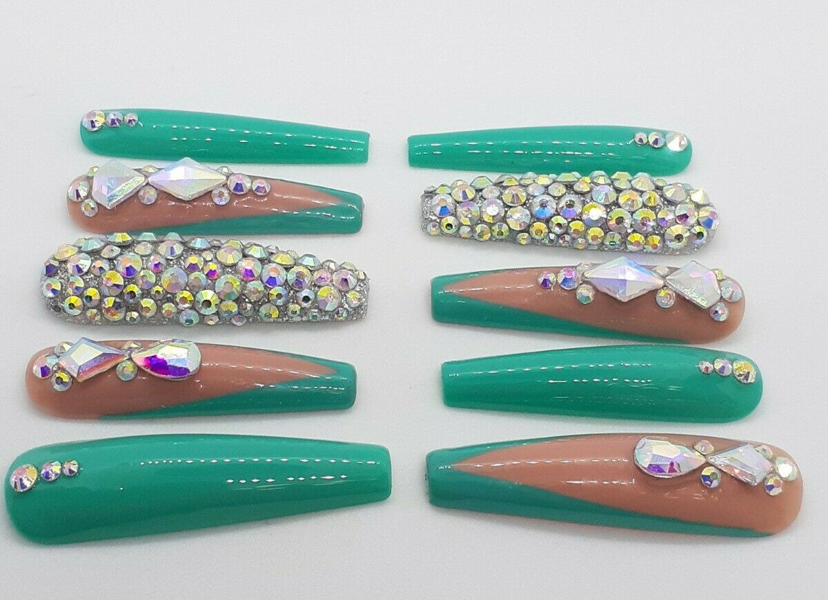 XXL Teal Turquoise Green Rhinestones Beach Destination Wedding Ocean Nails