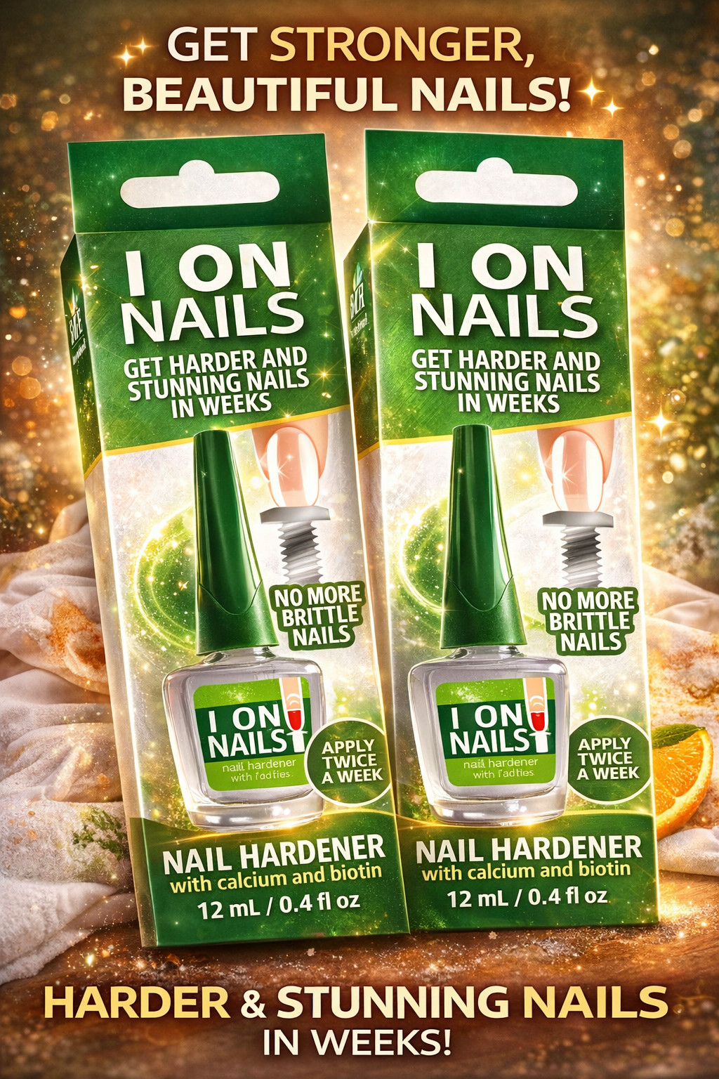 2 Pack I On Nail Hardener with Calcium Biotin, 0.4 Oz ( 12 mL ) Each Fast Ship