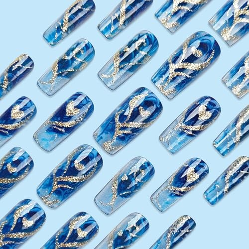 Blue Press on Nails Gradient Fake Nails Silvery Glossy Shiny Stripe Stick CEL10