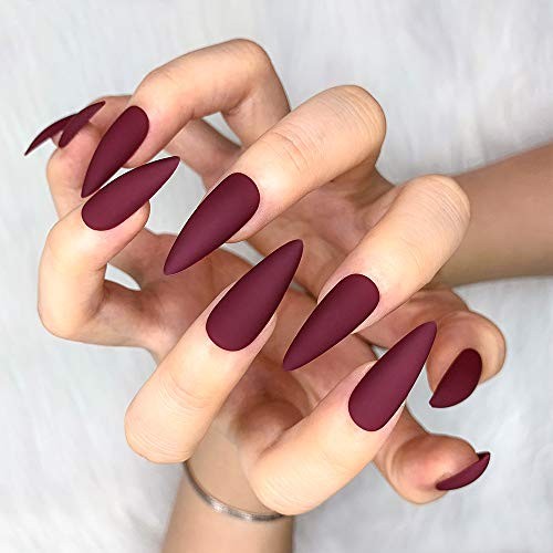 24pcs Fake Nails Matte Pure Color Medium Long Stiletto Almond Press Wine Red