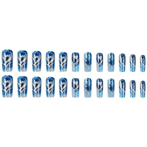 Blue Press on Nails Gradient Fake Nails Silvery Glossy Shiny Stripe Stick CEL10