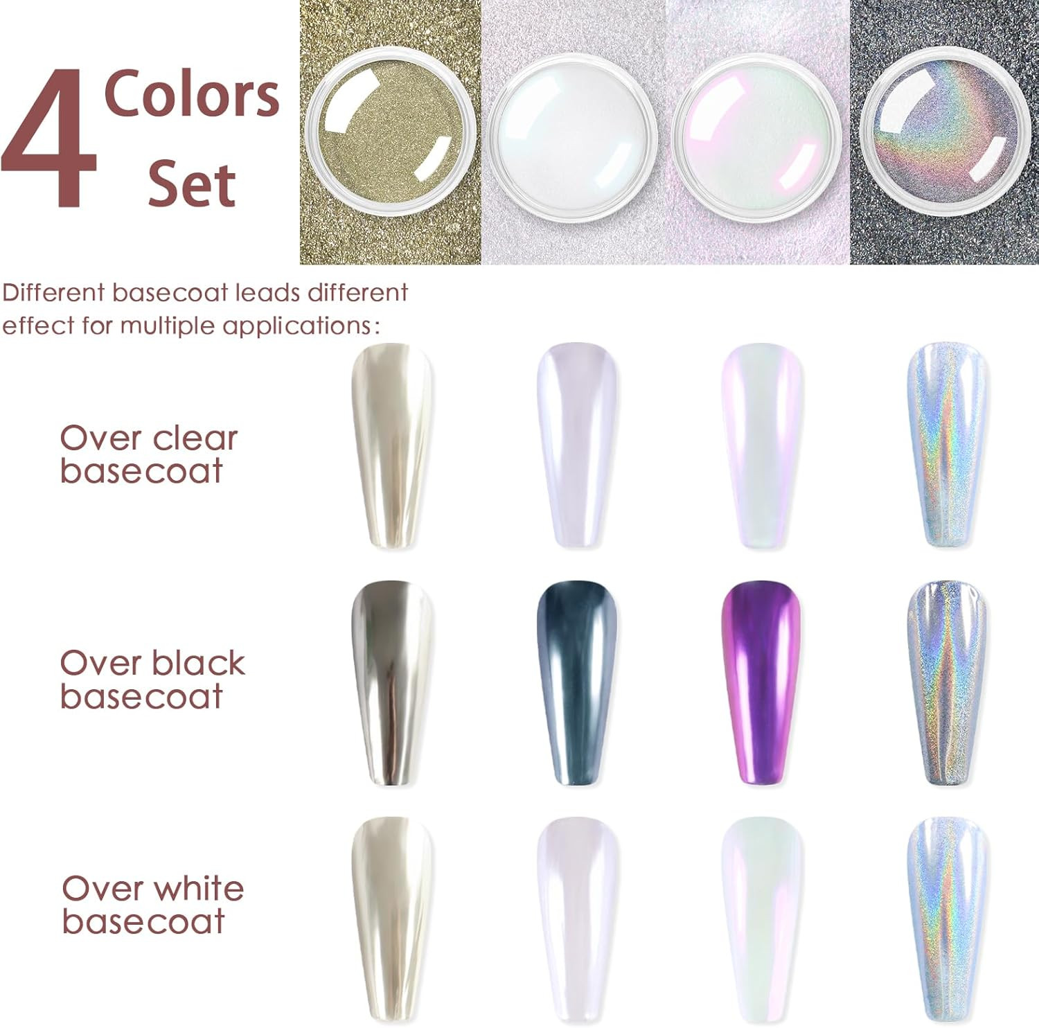 Chrome Nail Powder 4Pcs White Pearl Chrome Pigment Powder Iridescent Holographic