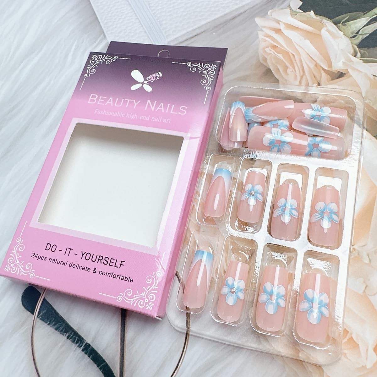 24Pcs Blue French Tip Almond Plastic Glossy Full Cover Nail Press-on False Na…