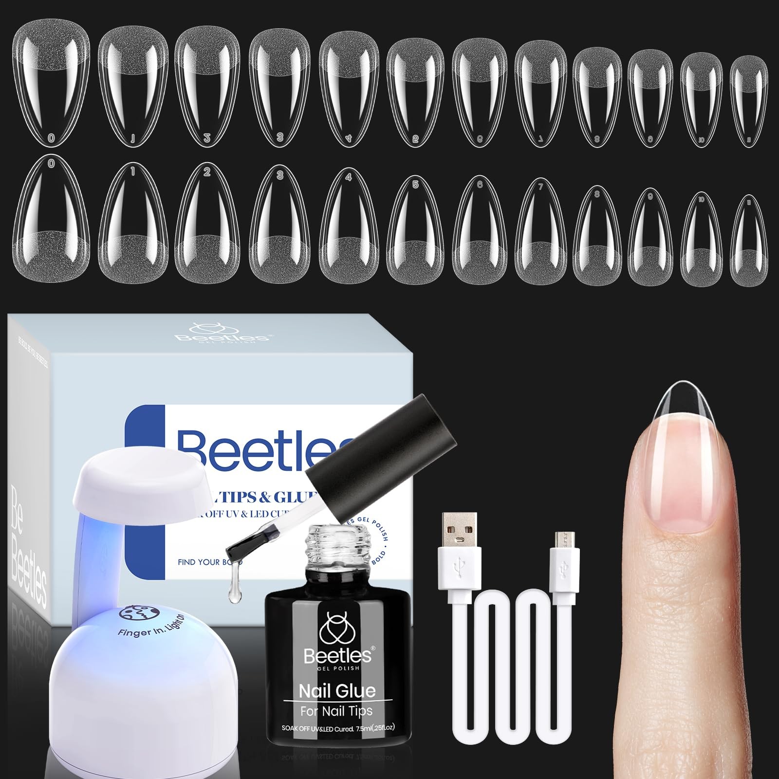 Beetles Gel Nail Kit Etch X Almond Short 504pcs 12 Sizes Nail Tips with 9 in 1