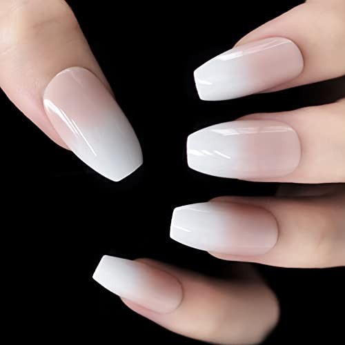 Ombre Pink Coffin French Fake Nails Ballerina Gradient Press On Coffin L5539