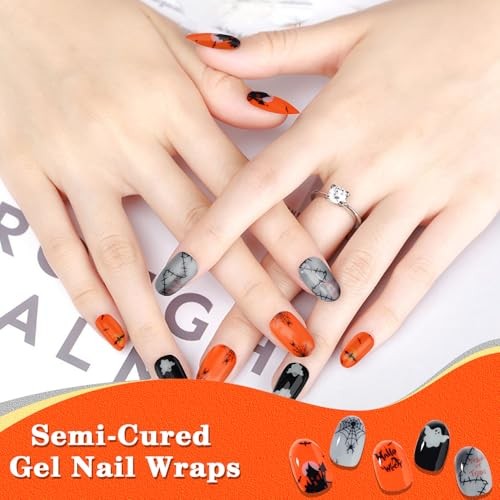 1 Sheet 24pcs Halloween Luminous Semi Cured Gel Nail Strips, Sticky Design 4