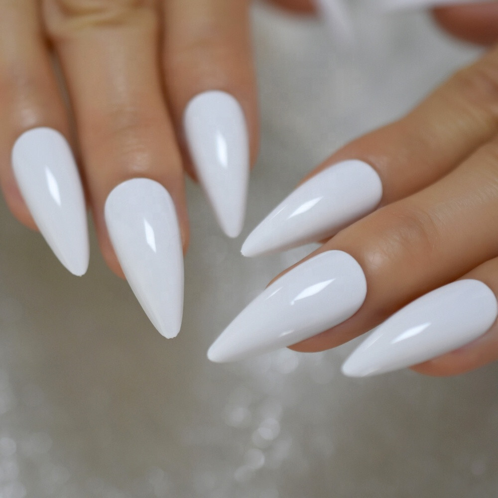 24 Press on nails kit w glue Long white stiletto pointed