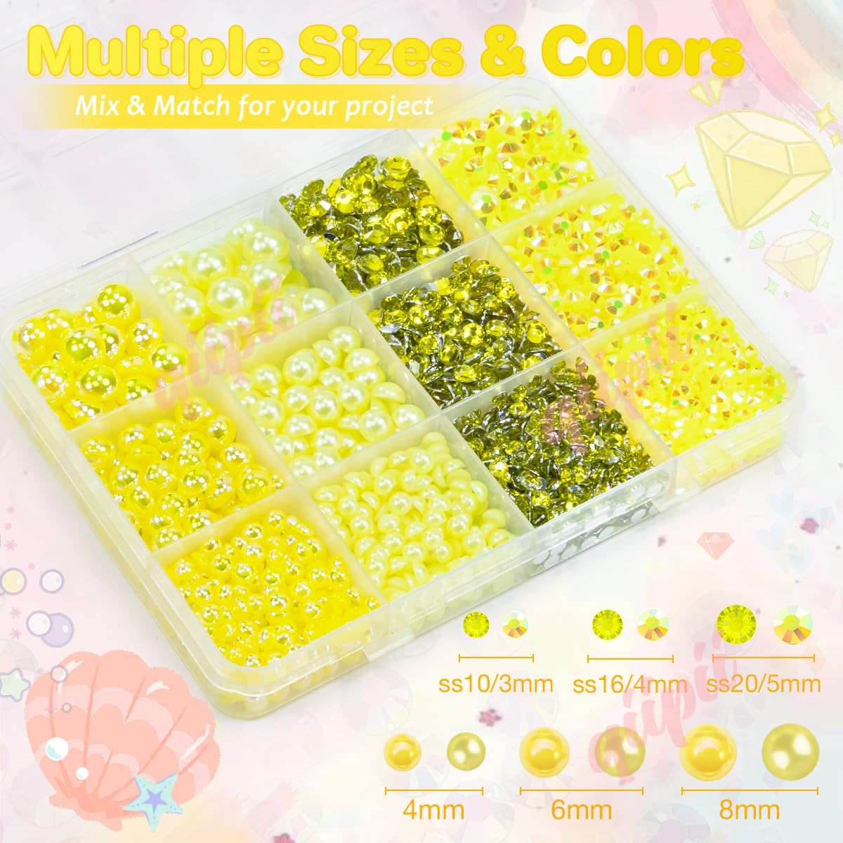 qiipii 3-8mm Lemon Yellow Flatback Pearls and Rhinestones for Bedazzling Craf…