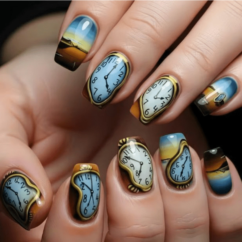 48 Pcs Surreal Clock Landscape Coffin Press on Nails, Art Unique Fake Nails