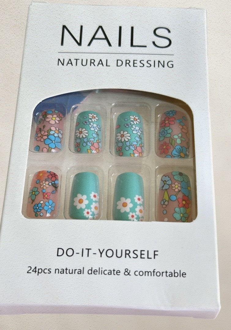 Spring Inspired Nail Art Press On , Blue With Mini Floral Prints, 24 pcs New